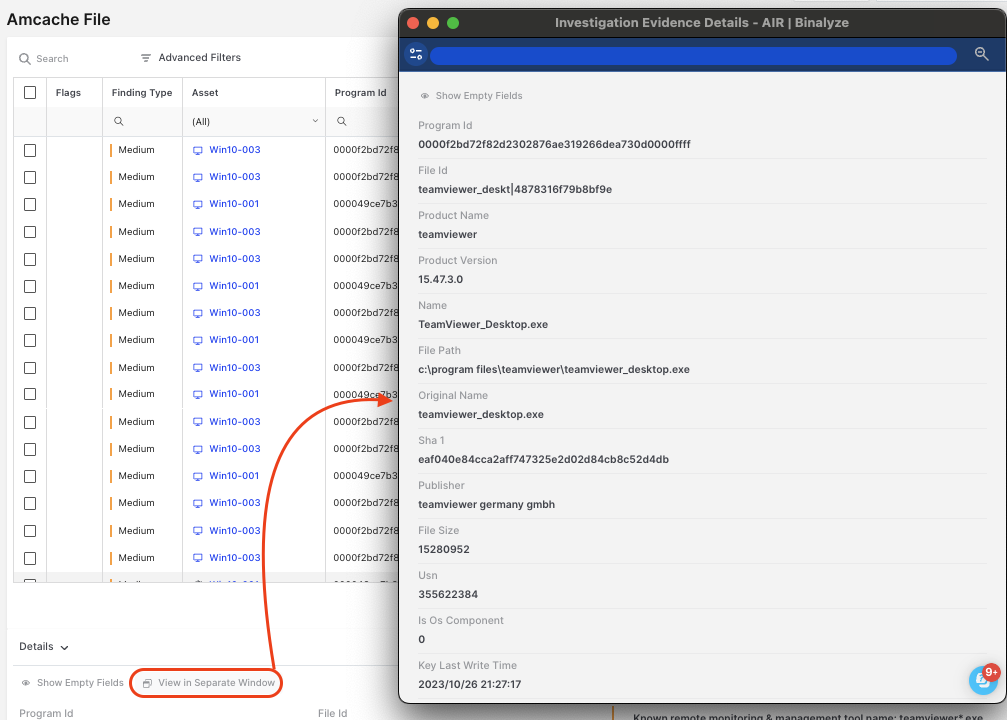 Using the Investigation Hub: Detachable Details Window